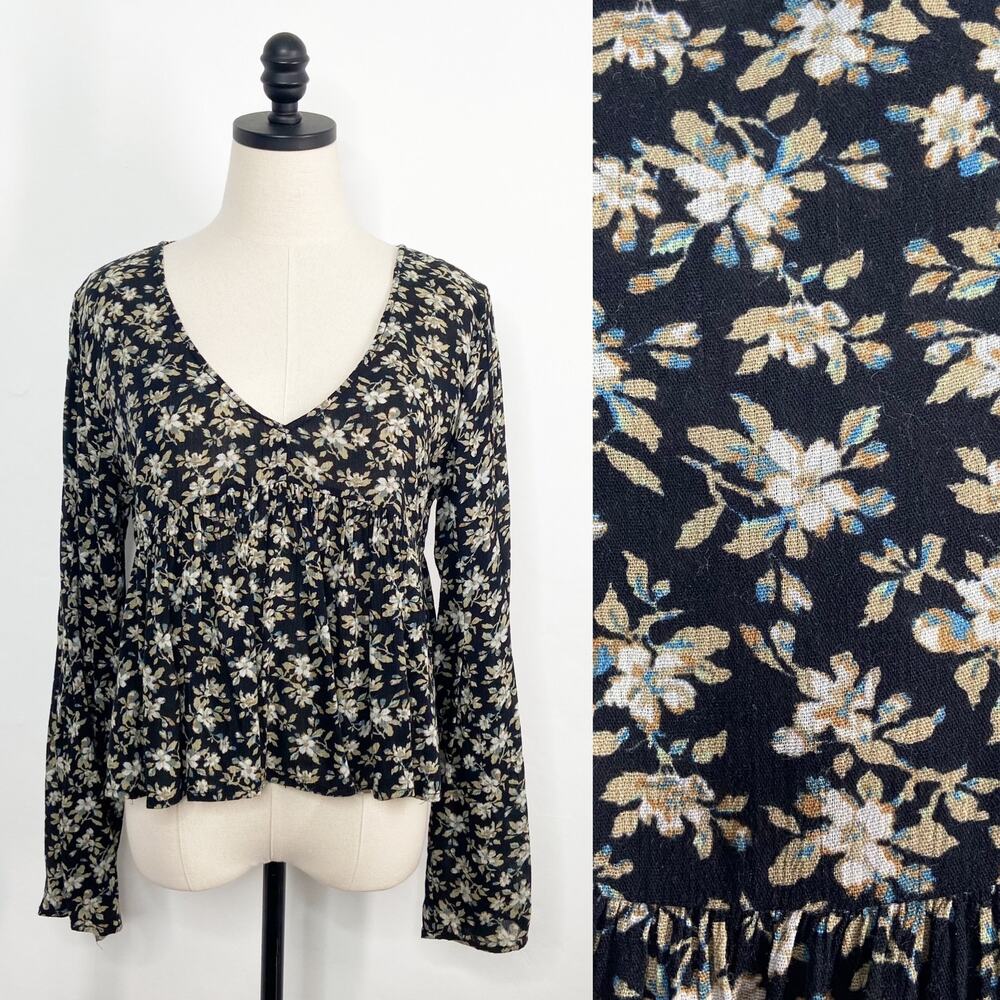 Denim & Supply Ralph Lauren Bell Sleeve Crop Top Black Ditsy Floral Boho Size M